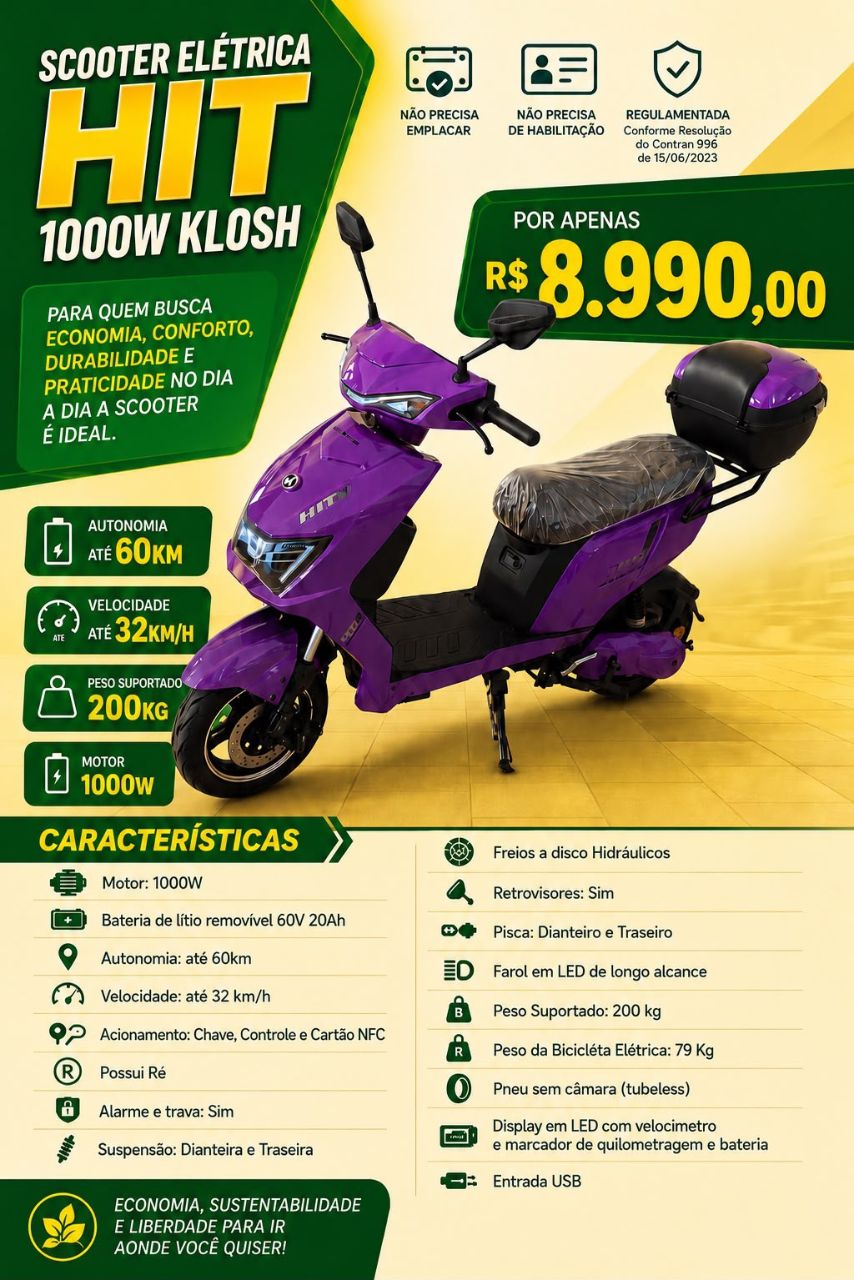 VENDE-SE SCOOTER ELÉTRICA HIT 1000W KLOSH